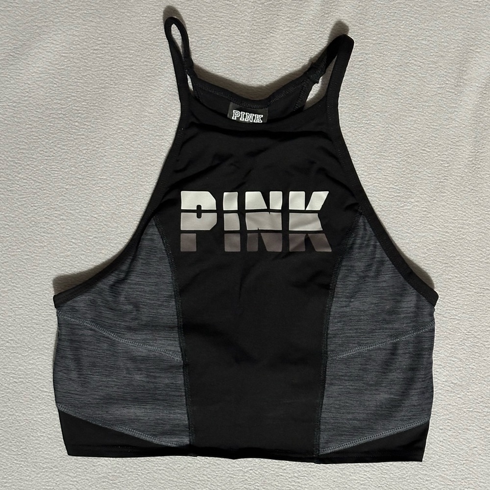 PINK Victoria Secret haltered sports bra. Black w/ grey accents & PINK wording.